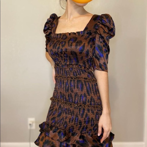 Karlie Smocked Ruffle Leopard Print Square Neck Mini Dress Small - Picture 2 of 10